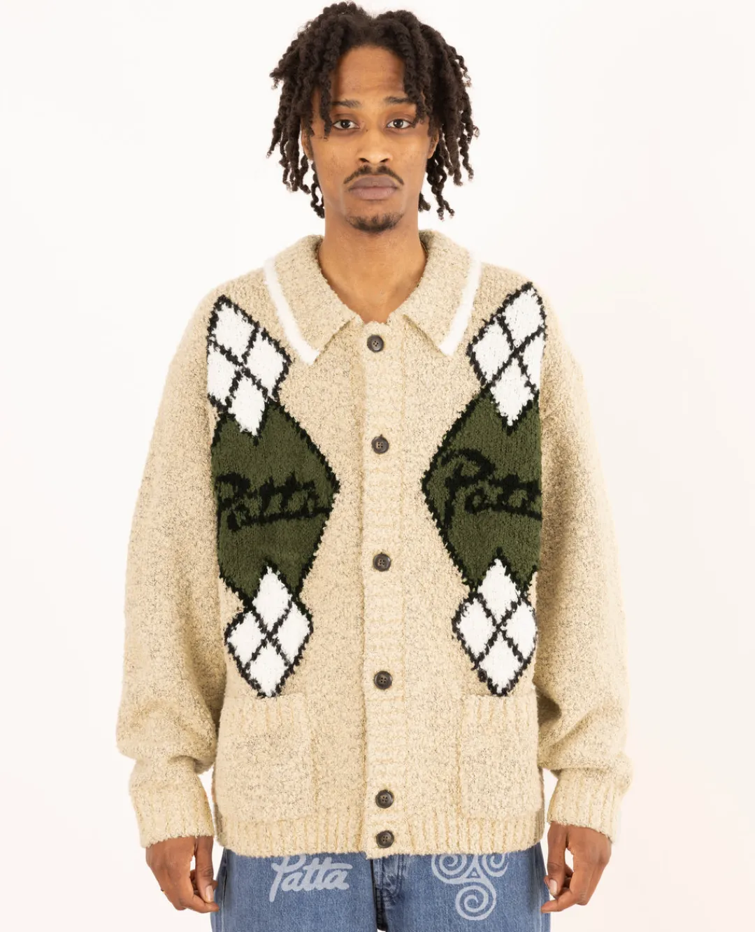 * Patta Argyle Knitted Cardigan (Light Brown Melange)